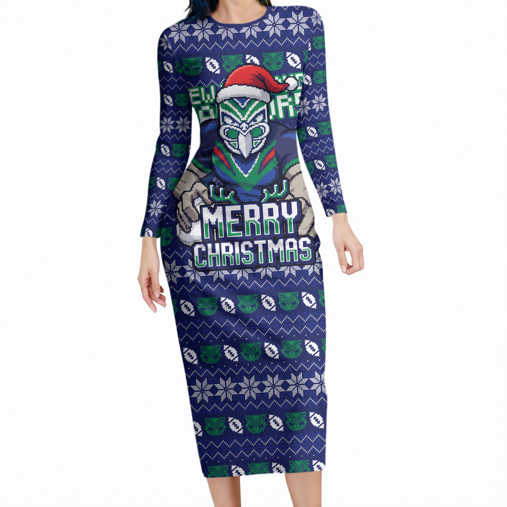 Personalized New Zealand Warriors Christmas Long Sleeve Bodycon Dress Maori Rugby Fans - Pixelated Ugly Xmas Pattern Mascot Santa