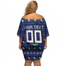Personalized New Zealand Warriors Christmas Off Shoulder Short Dress Maori Rugby Fans - Pixelated Ugly Xmas Pattern Mascot Santa