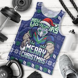 Personalized New Zealand Warriors Christmas Men Tank Top Maori Rugby Fans - Pixelated Ugly Xmas Pattern Mascot Santa