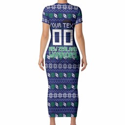Personalized New Zealand Warriors Christmas Short Sleeve Bodycon Dress Maori Rugby Fans - Pixelated Ugly Xmas Pattern Mascot Santa