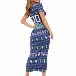 Personalized New Zealand Warriors Christmas Short Sleeve Bodycon Dress Maori Rugby Fans - Pixelated Ugly Xmas Pattern Mascot Santa