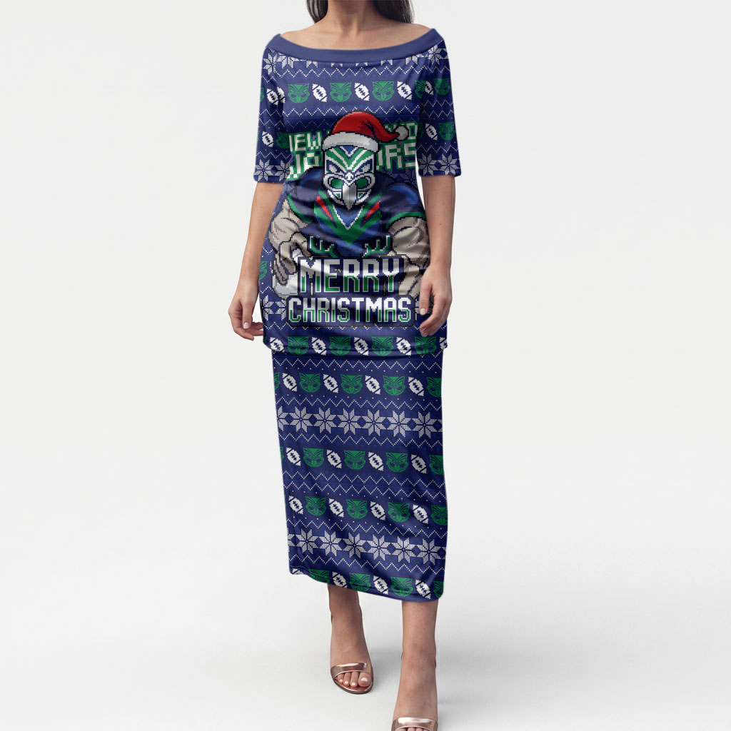 Personalized New Zealand Warriors Christmas Puletasi Maori Rugby Fans - Pixelated Ugly Xmas Pattern Mascot Santa