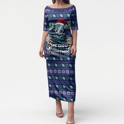 Personalized New Zealand Warriors Christmas Puletasi Maori Rugby Fans - Pixelated Ugly Xmas Pattern Mascot Santa