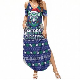 Personalized New Zealand Warriors Christmas Summer Maxi Dress Maori Rugby Fans - Pixelated Ugly Xmas Pattern Mascot Santa