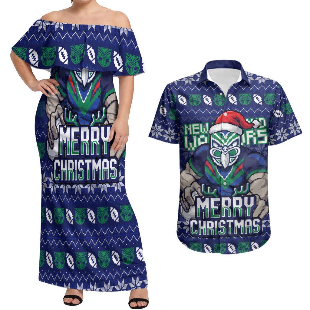 Personalized New Zealand Warriors Christmas Couples Matching Off Shoulder Maxi Dress and Hawaiian Shirt Maori Rugby Fans - Pixelated Ugly Xmas Pattern Mascot Santa