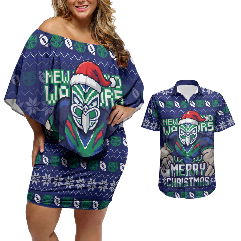 Personalized New Zealand Warriors Christmas Couples Matching Off Shoulder Short Dress and Hawaiian Shirt Maori Rugby Fans - Pixelated Ugly Xmas Pattern Mascot Santa