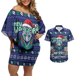 Personalized New Zealand Warriors Christmas Couples Matching Off Shoulder Short Dress and Hawaiian Shirt Maori Rugby Fans - Pixelated Ugly Xmas Pattern Mascot Santa