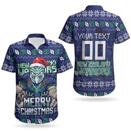 Personalized New Zealand Warriors Christmas Couples Matching Off Shoulder Maxi Dress and Hawaiian Shirt Maori Rugby Fans - Pixelated Ugly Xmas Pattern Mascot Santa