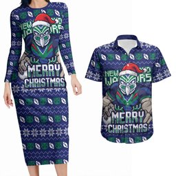 Personalized New Zealand Warriors Christmas Couples Matching Long Sleeve Bodycon Dress and Hawaiian Shirt Maori Rugby Fans - Pixelated Ugly Xmas Pattern Mascot Santa