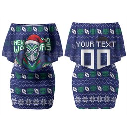 Personalized New Zealand Warriors Christmas Couples Matching Off Shoulder Short Dress and Hawaiian Shirt Maori Rugby Fans - Pixelated Ugly Xmas Pattern Mascot Santa