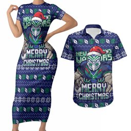 Personalized New Zealand Warriors Christmas Couples Matching Short Sleeve Bodycon Dress and Hawaiian Shirt Maori Rugby Fans - Pixelated Ugly Xmas Pattern Mascot Santa