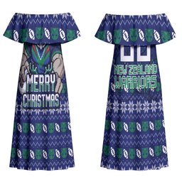 Personalized New Zealand Warriors Christmas Couples Matching Off Shoulder Maxi Dress and Hawaiian Shirt Maori Rugby Fans - Pixelated Ugly Xmas Pattern Mascot Santa