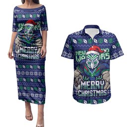 Personalized New Zealand Warriors Christmas Couples Matching Puletasi and Hawaiian Shirt Maori Rugby Fans - Pixelated Ugly Xmas Pattern Mascot Santa