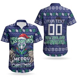 Personalized New Zealand Warriors Christmas Couples Matching Puletasi and Hawaiian Shirt Maori Rugby Fans - Pixelated Ugly Xmas Pattern Mascot Santa