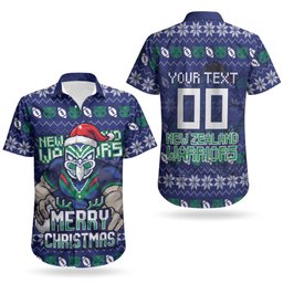 Personalized New Zealand Warriors Christmas Couples Matching Long Sleeve Bodycon Dress and Hawaiian Shirt Maori Rugby Fans - Pixelated Ugly Xmas Pattern Mascot Santa