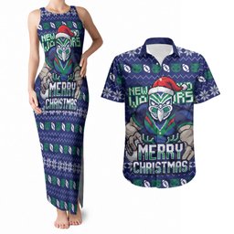 Personalized New Zealand Warriors Christmas Couples Matching Tank Maxi Dress and Hawaiian Shirt Maori Rugby Fans - Pixelated Ugly Xmas Pattern Mascot Santa