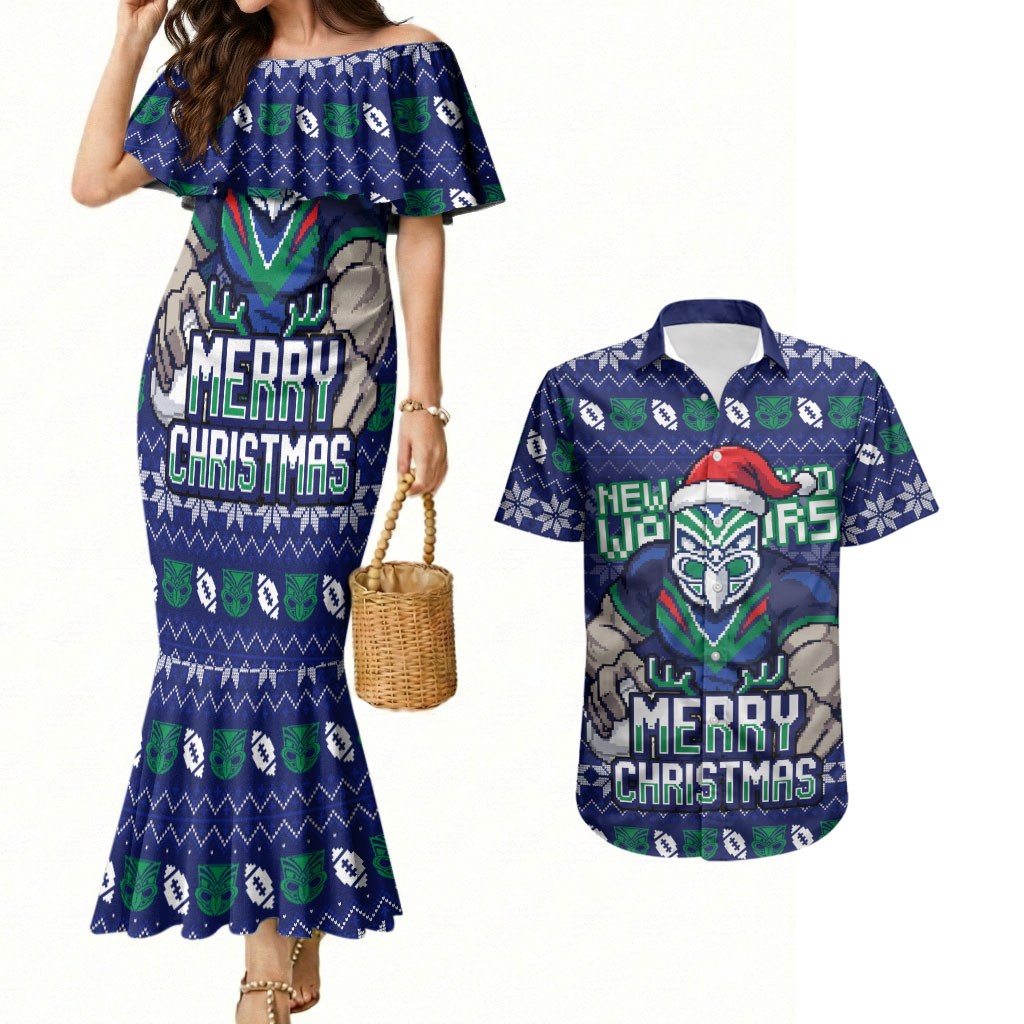 Personalized New Zealand Warriors Christmas Couples Matching Mermaid Dress and Hawaiian Shirt Maori Rugby Fans - Pixelated Ugly Xmas Pattern Mascot Santa