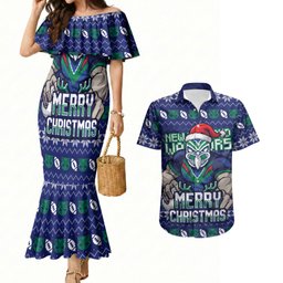 Personalized New Zealand Warriors Christmas Couples Matching Mermaid Dress and Hawaiian Shirt Maori Rugby Fans - Pixelated Ugly Xmas Pattern Mascot Santa