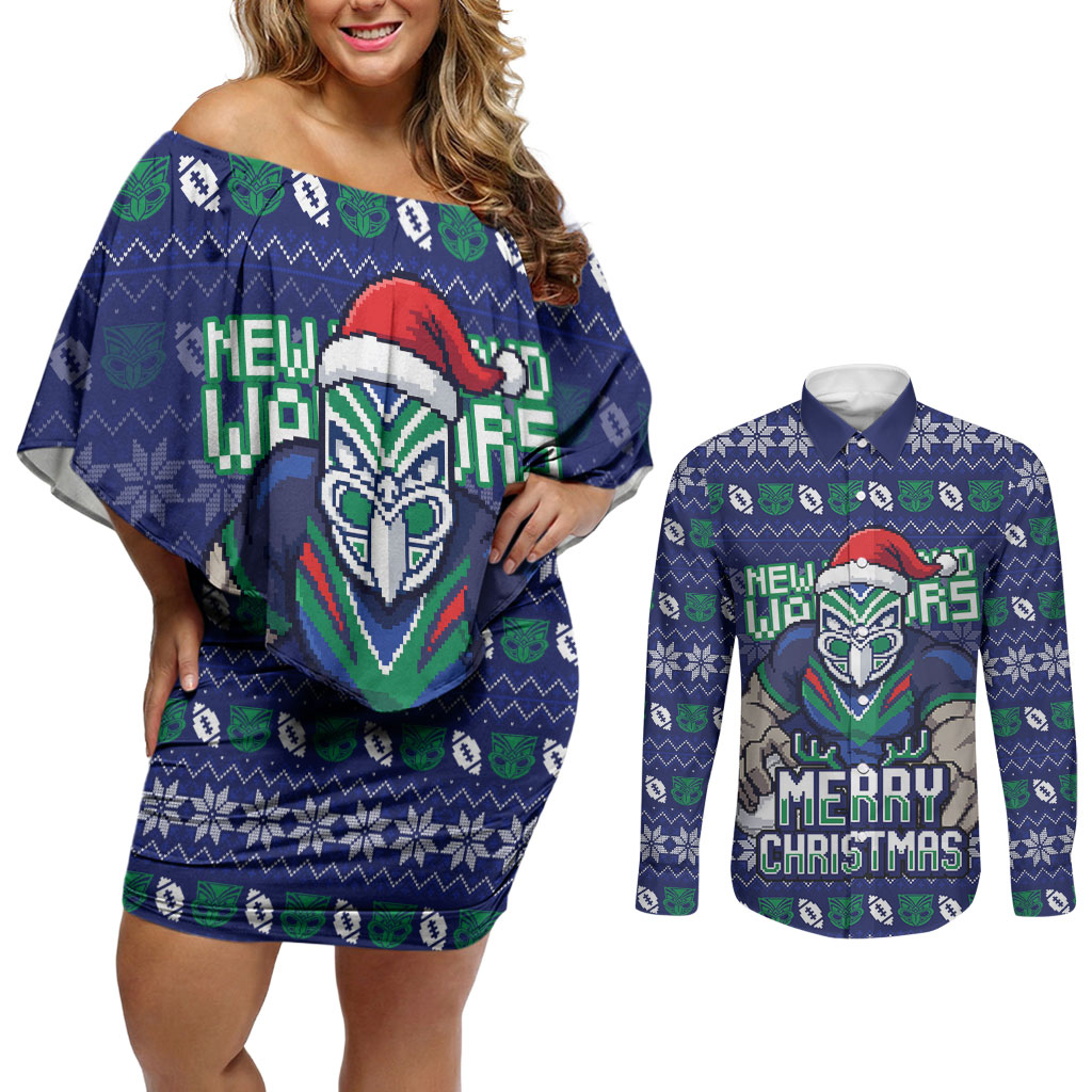 Personalized New Zealand Warriors Christmas Couples Matching Off Shoulder Short Dress and Long Sleeve Button Shirt Maori Rugby Fans - Pixelated Ugly Xmas Pattern Mascot Santa