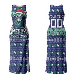 Personalized New Zealand Warriors Christmas Couples Matching Tank Maxi Dress and Hawaiian Shirt Maori Rugby Fans - Pixelated Ugly Xmas Pattern Mascot Santa