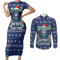 Personalized New Zealand Warriors Christmas Couples Matching Short Sleeve Bodycon Dress and Long Sleeve Button Shirt Maori Rugby Fans - Pixelated Ugly Xmas Pattern Mascot Santa