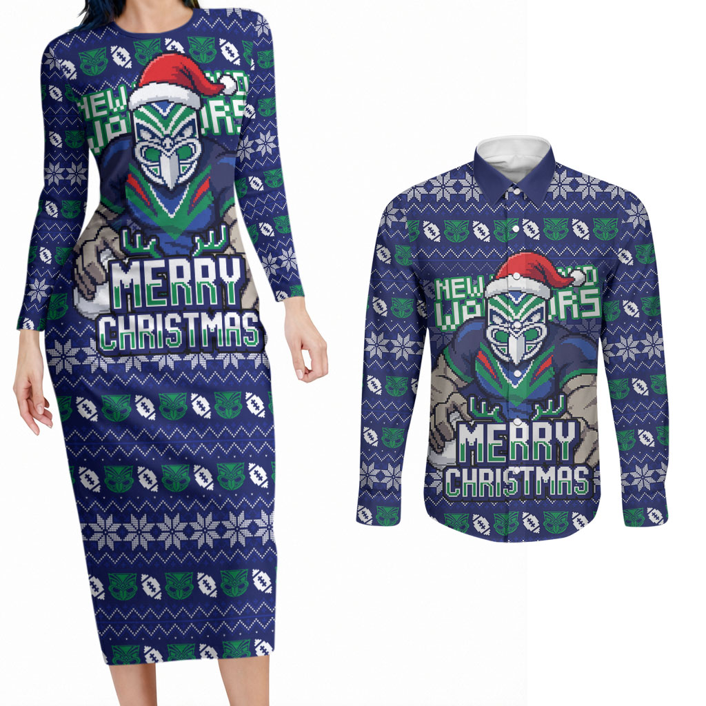 Personalized New Zealand Warriors Christmas Couples Matching Long Sleeve Bodycon Dress and Long Sleeve Button Shirt Maori Rugby Fans - Pixelated Ugly Xmas Pattern Mascot Santa