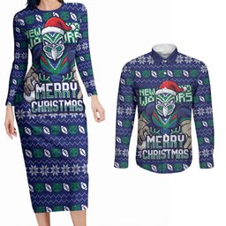 Personalized New Zealand Warriors Christmas Couples Matching Long Sleeve Bodycon Dress and Long Sleeve Button Shirt Maori Rugby Fans - Pixelated Ugly Xmas Pattern Mascot Santa