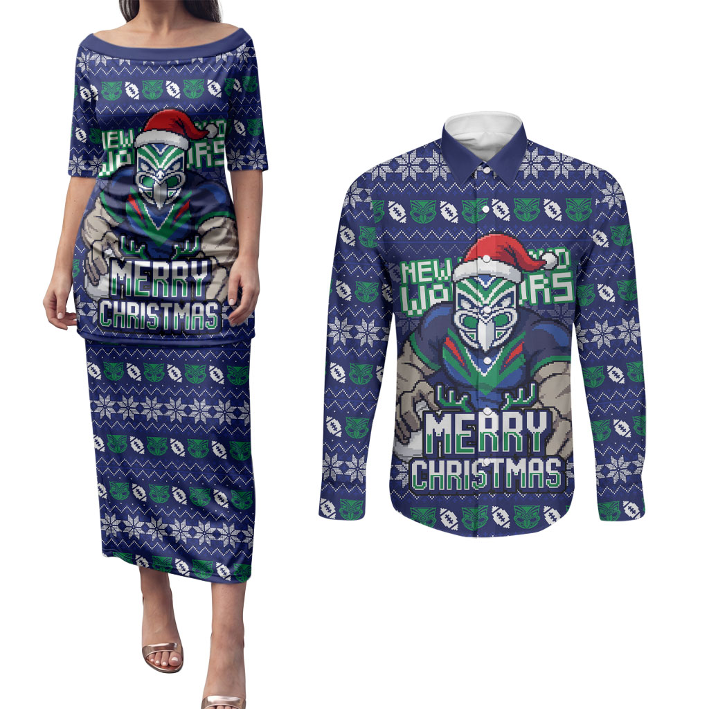 Personalized New Zealand Warriors Christmas Couples Matching Puletasi and Long Sleeve Button Shirt Maori Rugby Fans - Pixelated Ugly Xmas Pattern Mascot Santa