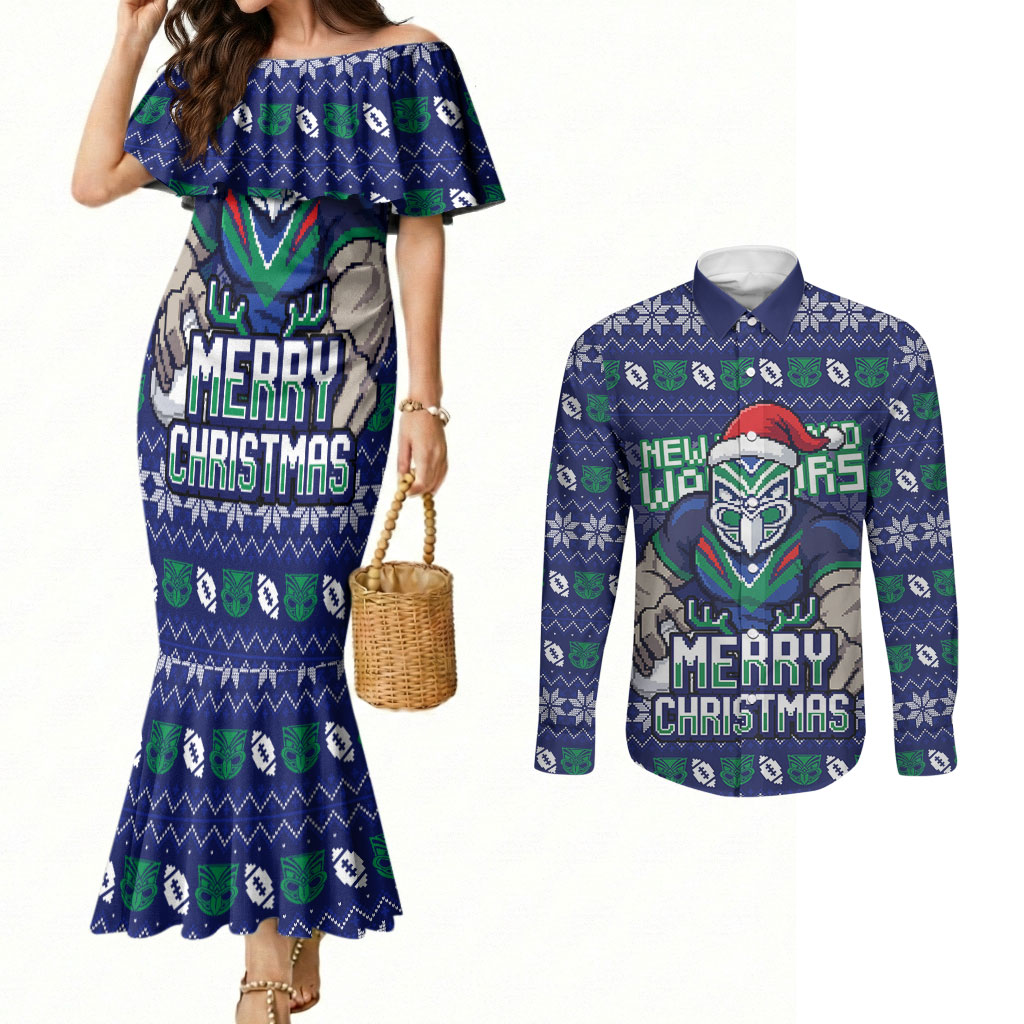 Personalized New Zealand Warriors Christmas Couples Matching Mermaid Dress and Long Sleeve Button Shirt Maori Rugby Fans - Pixelated Ugly Xmas Pattern Mascot Santa