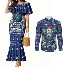Personalized New Zealand Warriors Christmas Couples Matching Mermaid Dress and Long Sleeve Button Shirt Maori Rugby Fans - Pixelated Ugly Xmas Pattern Mascot Santa