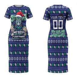 Personalized New Zealand Warriors Christmas Couples Matching Short Sleeve Bodycon Dress and Long Sleeve Button Shirt Maori Rugby Fans - Pixelated Ugly Xmas Pattern Mascot Santa