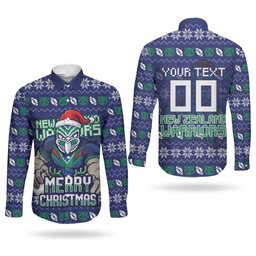 Personalized New Zealand Warriors Christmas Couples Matching Summer Maxi Dress and Long Sleeve Button Shirt Maori Rugby Fans - Pixelated Ugly Xmas Pattern Mascot Santa