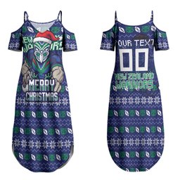 Personalized New Zealand Warriors Christmas Couples Matching Summer Maxi Dress and Long Sleeve Button Shirt Maori Rugby Fans - Pixelated Ugly Xmas Pattern Mascot Santa