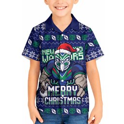 Personalized New Zealand Warriors Christmas Kid Hawaiian Shirt Maori Rugby Fans - Pixelated Ugly Xmas Pattern Mascot Santa