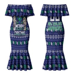 Personalized New Zealand Warriors Christmas Couples Matching Mermaid Dress and Long Sleeve Button Shirt Maori Rugby Fans - Pixelated Ugly Xmas Pattern Mascot Santa