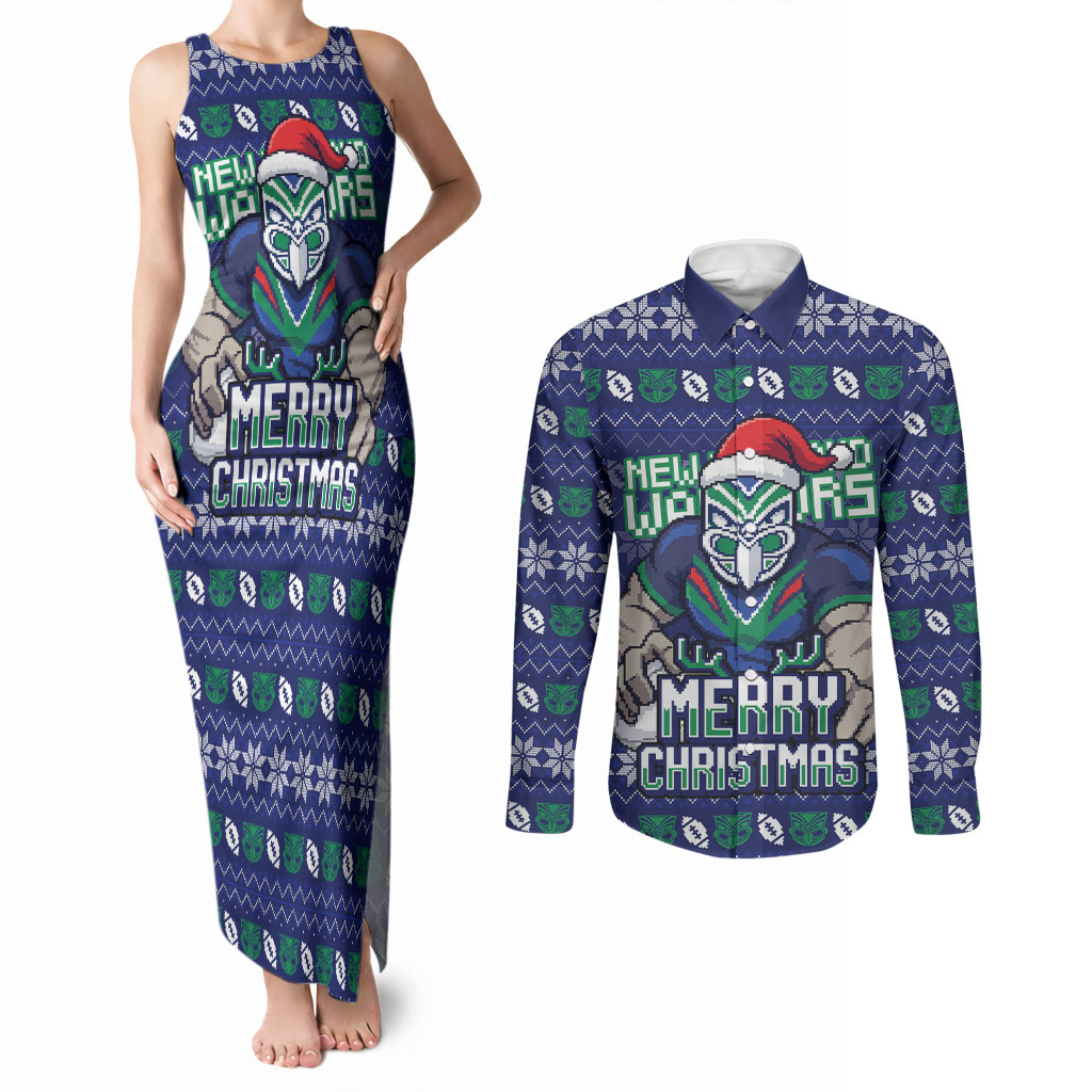 Personalized New Zealand Warriors Christmas Couples Matching Tank Maxi Dress and Long Sleeve Button Shirt Maori Rugby Fans - Pixelated Ugly Xmas Pattern Mascot Santa