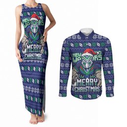 Personalized New Zealand Warriors Christmas Couples Matching Tank Maxi Dress and Long Sleeve Button Shirt Maori Rugby Fans - Pixelated Ugly Xmas Pattern Mascot Santa