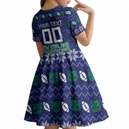 Personalized New Zealand Warriors Christmas Kid Short Sleeve Dress Maori Rugby Fans - Pixelated Ugly Xmas Pattern Mascot Santa