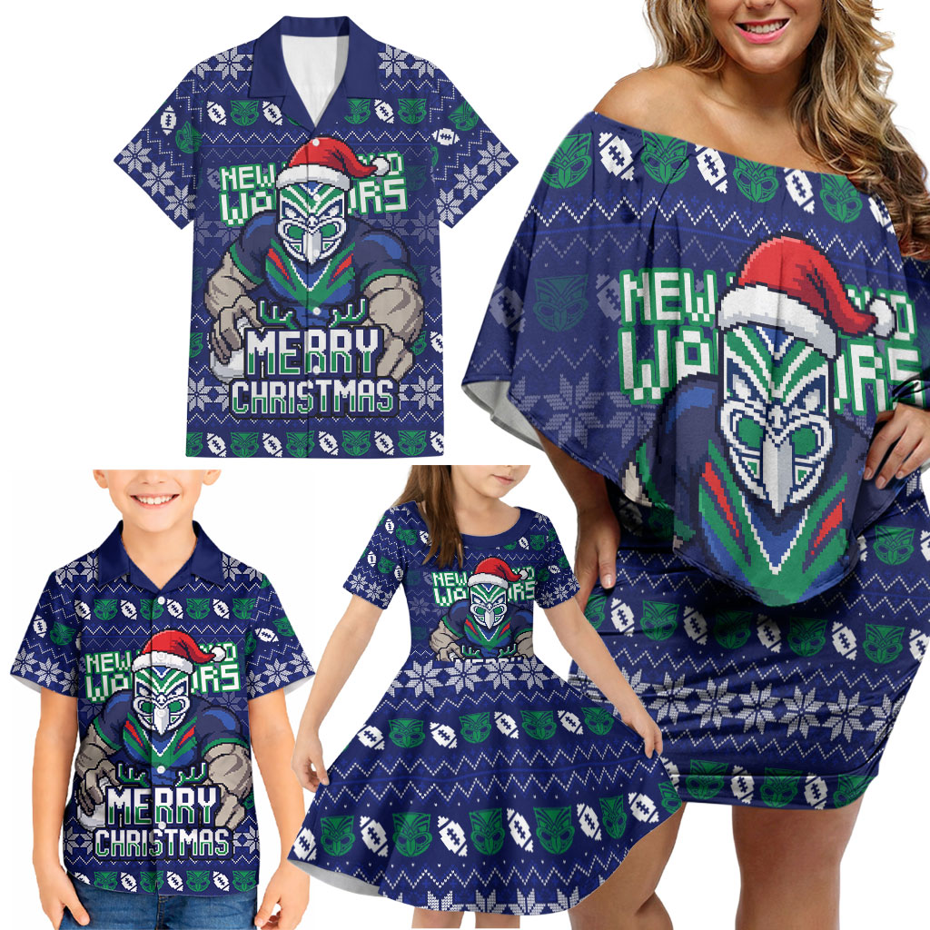 Personalized New Zealand Warriors Christmas Family Matching Off Shoulder Short Dress and Hawaiian Shirt Maori Rugby Fans - Pixelated Ugly Xmas Pattern Mascot Santa