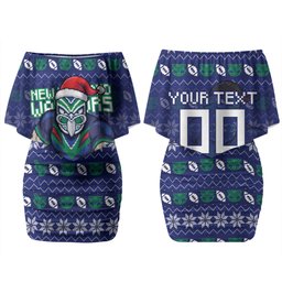 Personalized New Zealand Warriors Christmas Family Matching Off Shoulder Short Dress and Hawaiian Shirt Maori Rugby Fans - Pixelated Ugly Xmas Pattern Mascot Santa