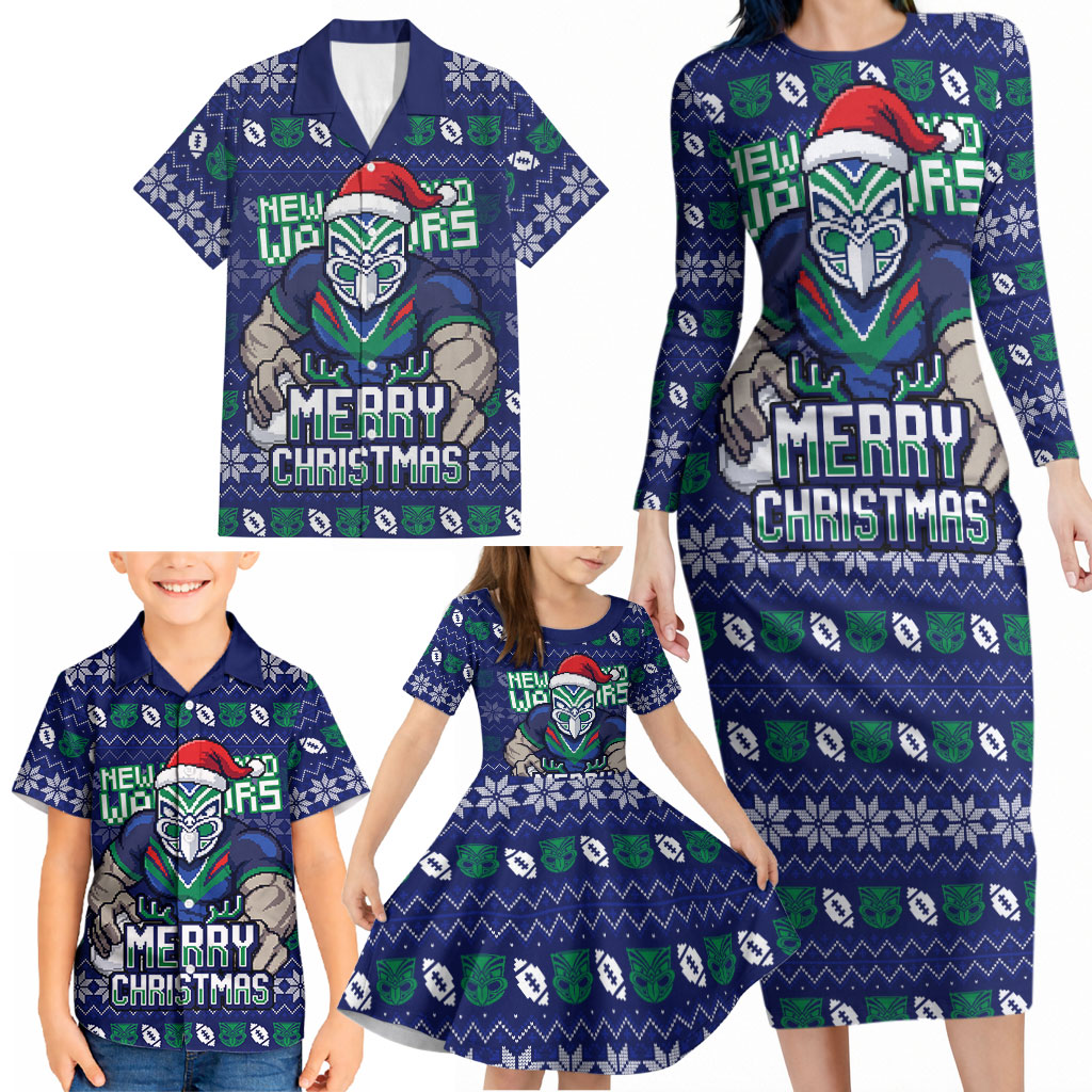 Personalized New Zealand Warriors Christmas Family Matching Long Sleeve Bodycon Dress and Hawaiian Shirt Maori Rugby Fans - Pixelated Ugly Xmas Pattern Mascot Santa