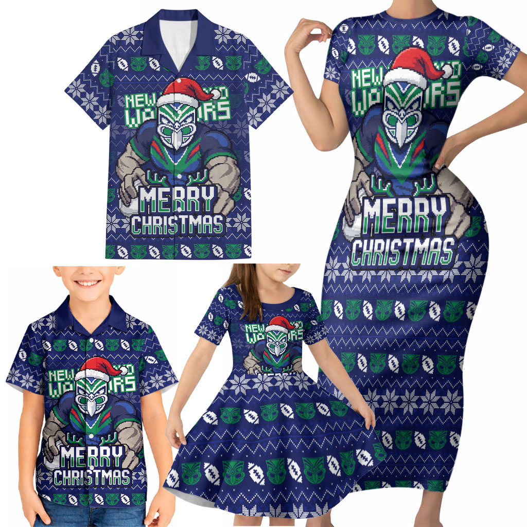 Personalized New Zealand Warriors Christmas Family Matching Short Sleeve Bodycon Dress and Hawaiian Shirt Maori Rugby Fans - Pixelated Ugly Xmas Pattern Mascot Santa