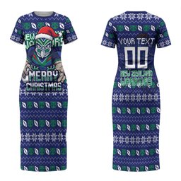 Personalized New Zealand Warriors Christmas Family Matching Short Sleeve Bodycon Dress and Hawaiian Shirt Maori Rugby Fans - Pixelated Ugly Xmas Pattern Mascot Santa