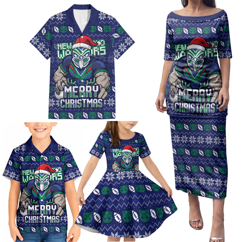 Personalized New Zealand Warriors Christmas Family Matching Puletasi and Hawaiian Shirt Maori Rugby Fans - Pixelated Ugly Xmas Pattern Mascot Santa