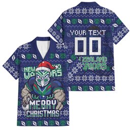 Personalized New Zealand Warriors Christmas Family Matching Puletasi and Hawaiian Shirt Maori Rugby Fans - Pixelated Ugly Xmas Pattern Mascot Santa