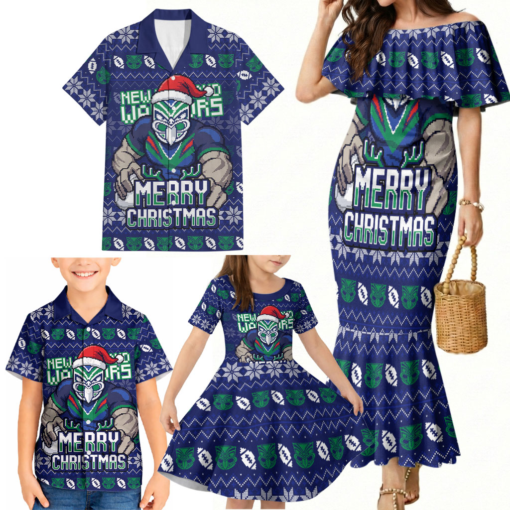 Personalized New Zealand Warriors Christmas Family Matching Mermaid Dress and Hawaiian Shirt Maori Rugby Fans - Pixelated Ugly Xmas Pattern Mascot Santa