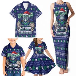 Personalized New Zealand Warriors Christmas Family Matching Tank Maxi Dress and Hawaiian Shirt Maori Rugby Fans - Pixelated Ugly Xmas Pattern Mascot Santa