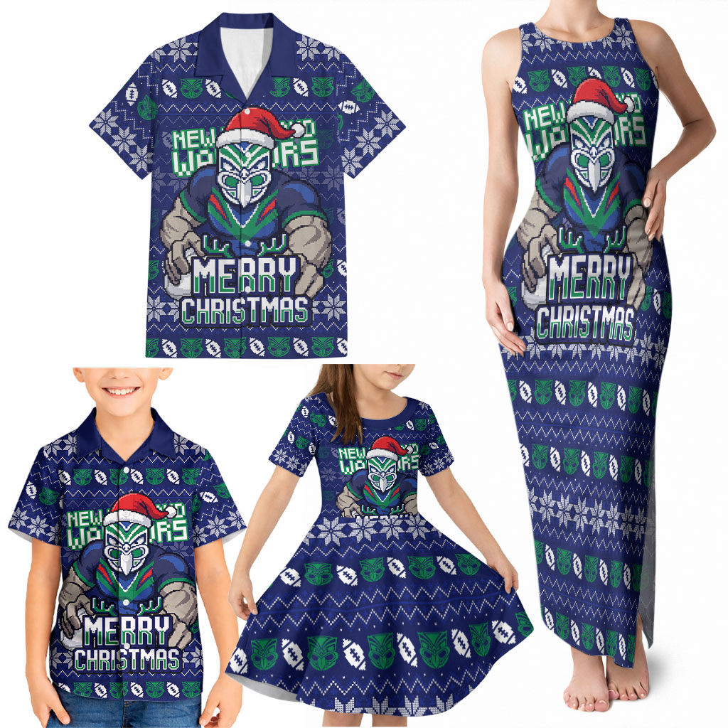 Personalized New Zealand Warriors Christmas Family Matching Tank Maxi Dress and Hawaiian Shirt Maori Rugby Fans - Pixelated Ugly Xmas Pattern Mascot Santa