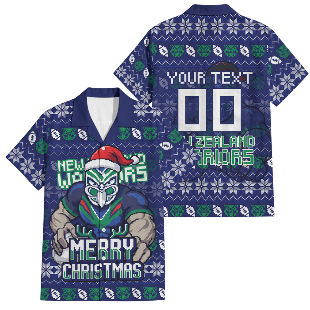 Personalized New Zealand Warriors Christmas Family Matching Mermaid Dress and Hawaiian Shirt Maori Rugby Fans - Pixelated Ugly Xmas Pattern Mascot Santa