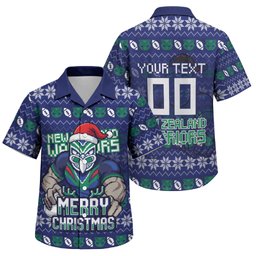Personalized New Zealand Warriors Christmas Family Matching Summer Maxi Dress and Hawaiian Shirt Maori Rugby Fans - Pixelated Ugly Xmas Pattern Mascot Santa